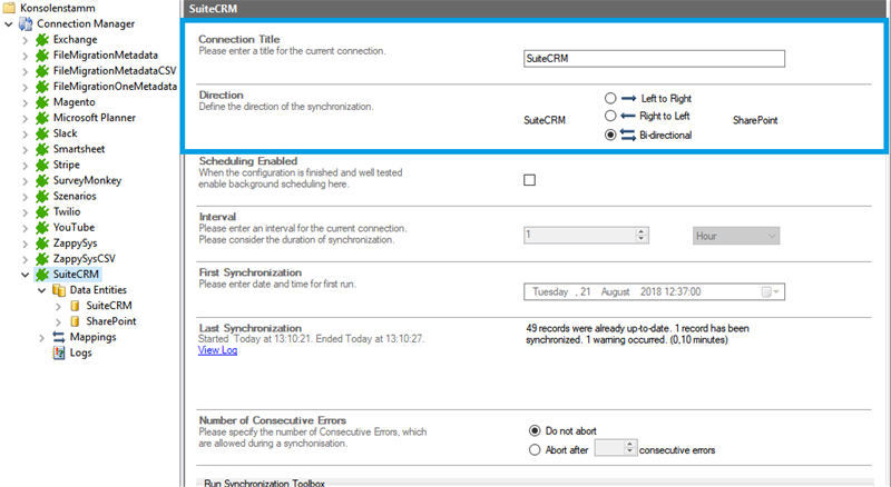 Connection steinngs for SuiteCRM integration in the Layer2 Cloud Connector