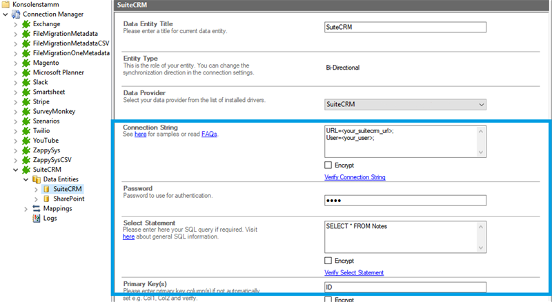 Connection string for SuiteCRM integration