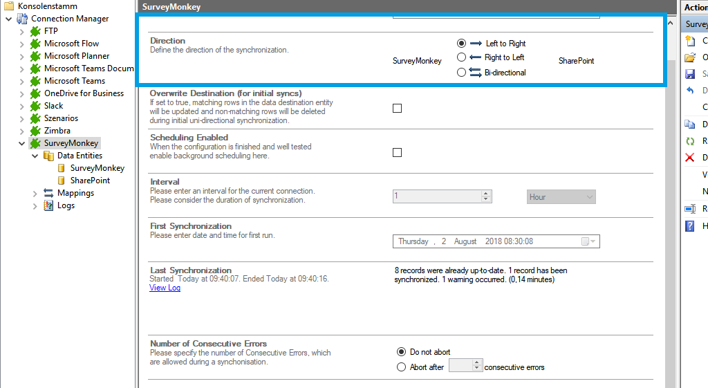 Connection setup for SurveyMonkey integraton in the Layer2 Cloud Connector