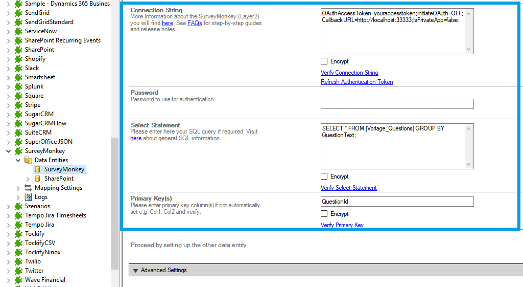 Step 2.5 SurveyMonkey integration connection string setup