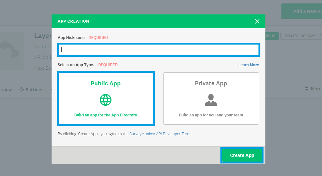 SurveyMonkey add a new app public