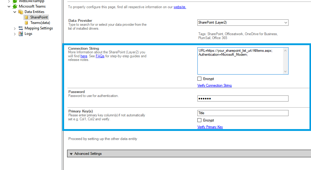 Step 2.5 Teams (data) integration connection string setup