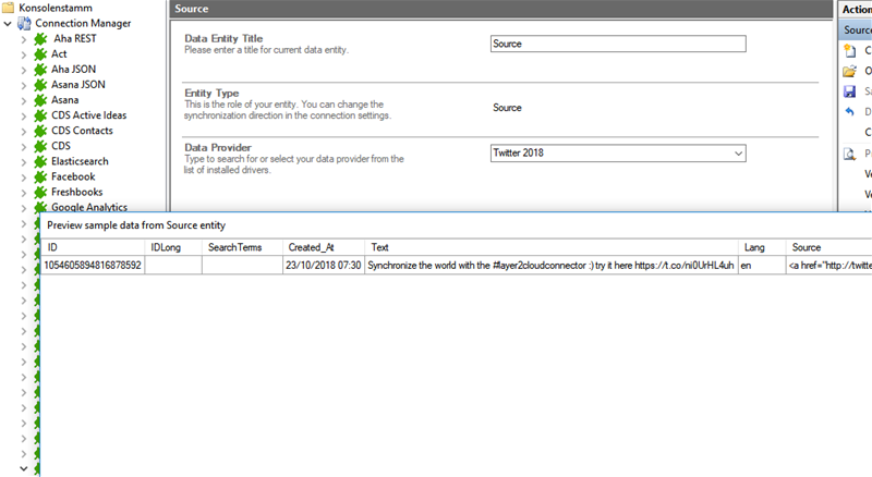 Preview data of twitter integration in the Layer2 Cloud Connector