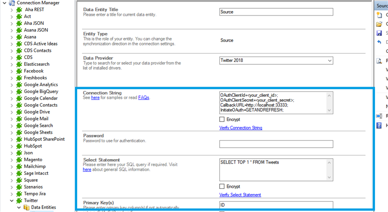 Connection string setup for twitter data integration in the Layer2 Cloud Connector