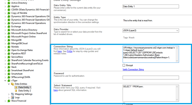 Connection string setup for vtiger data integration in the Layer2 Cloud Connector