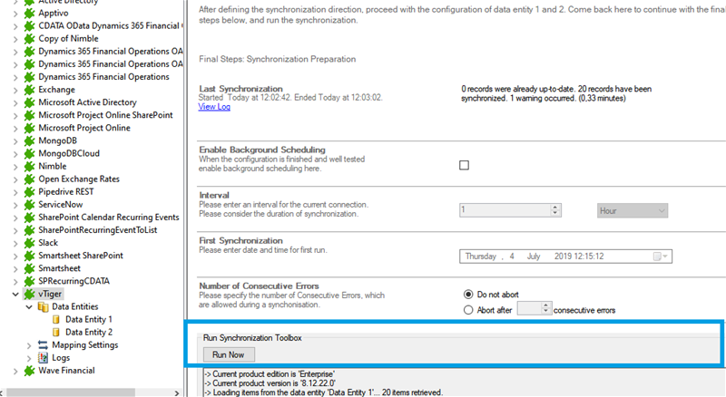 Start the data integration of vtiger