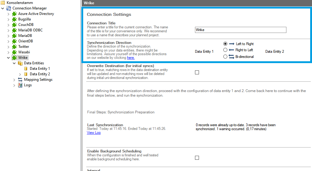 Connection setup for wrike in the Layer2 Cloud Connector