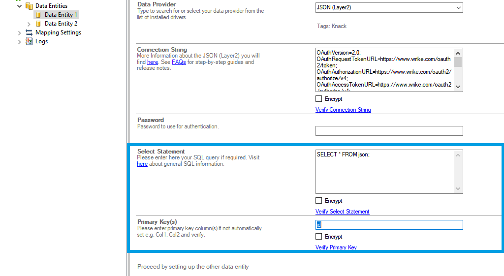 Connection string setup for wrike data integration in the Layer2 Cloud Connector