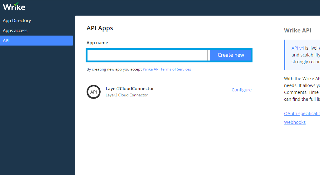 Wrike create new app