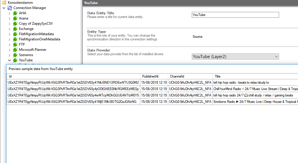 Preview data of Youtube integration