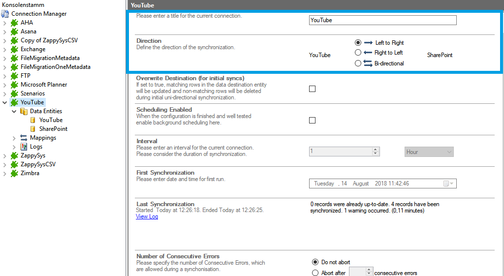 Connection setup for Youtube in the Layer2 Cloud Connector