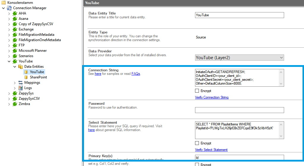 Connection string setup for Youtube data integration in the Layer2 Cloud Connector