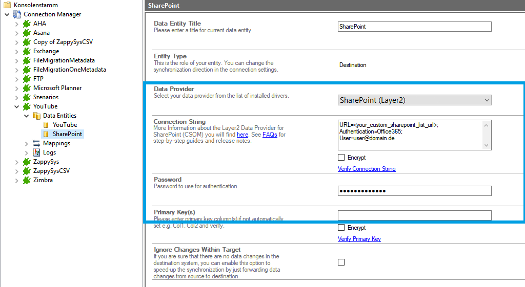 Target setup for Youtube integration in the Layer2 Cloud Connector