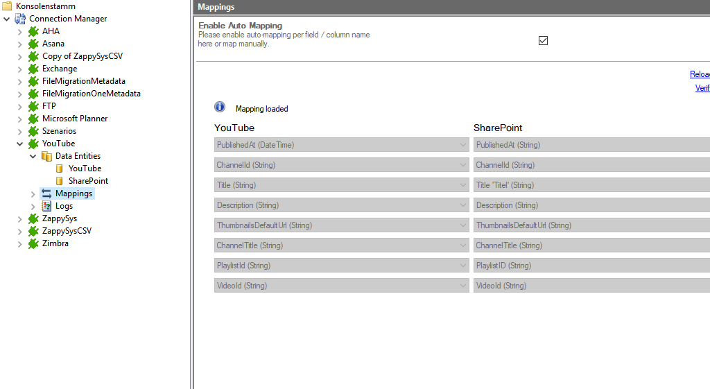 Mapping in the Layer2 Cloud Connector for Youtube data integration