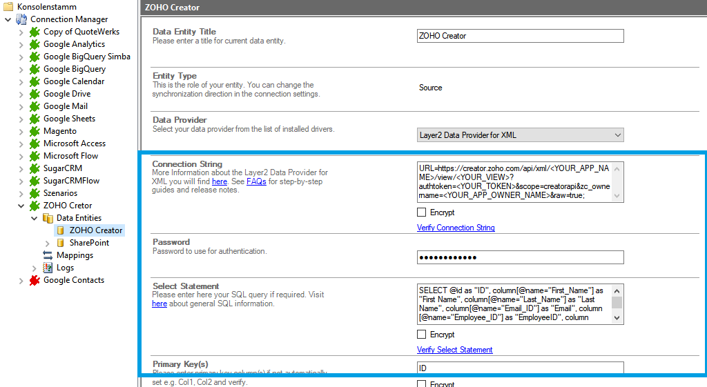 connection string setup in the Layer2 Cloud Connector for zoho creator integration