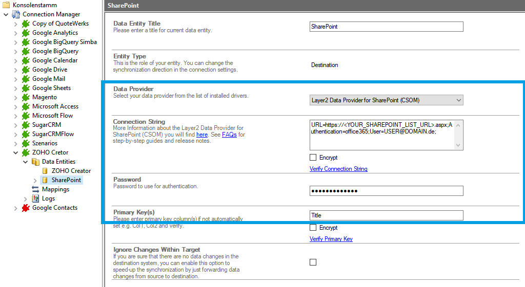 target setup in the Layer2 Cloud Connector for zoho creator integration