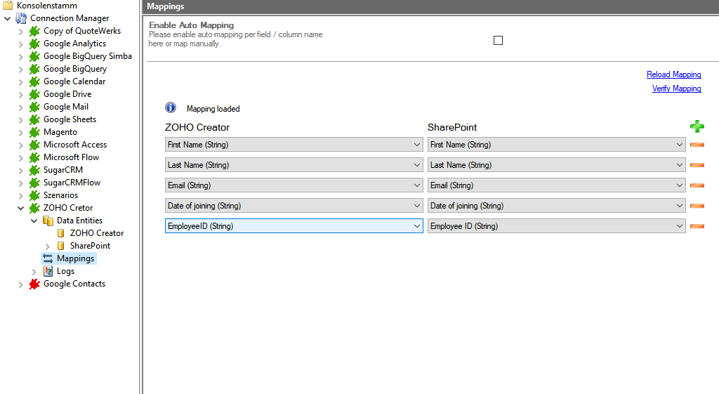 Mapping in the Layer2 Cloud Connecor for zoho creator integration