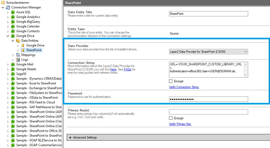 Target configuration in the Layer2 Cloud Connector for Google Drive data integration