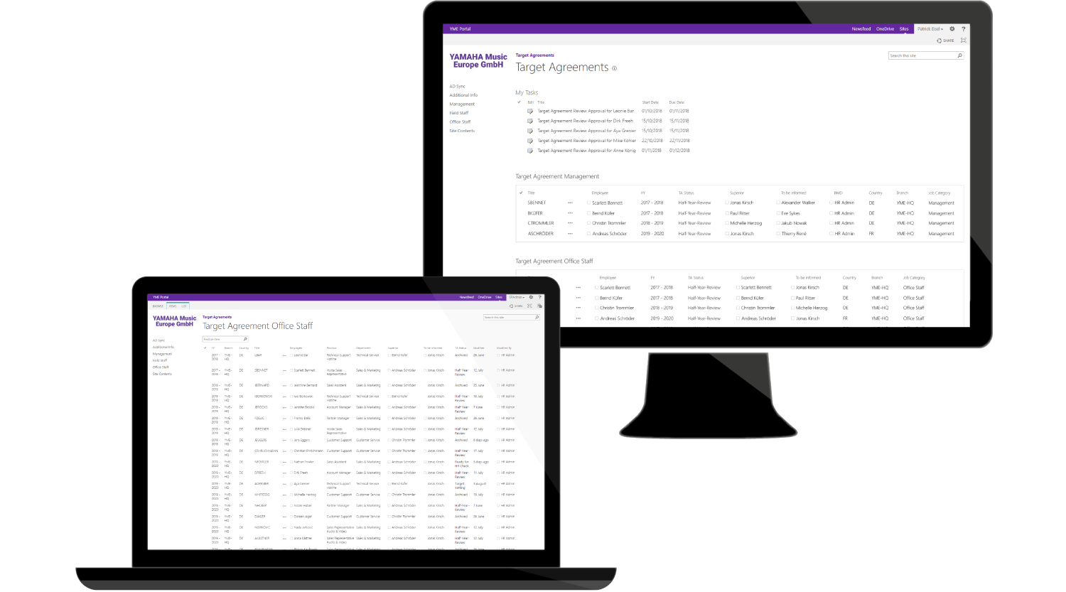 layer2-kunde-yamaha-device-mockup Mockup of YAMAHA Music Europe Group GmbH target agreements by Nintex worklow
